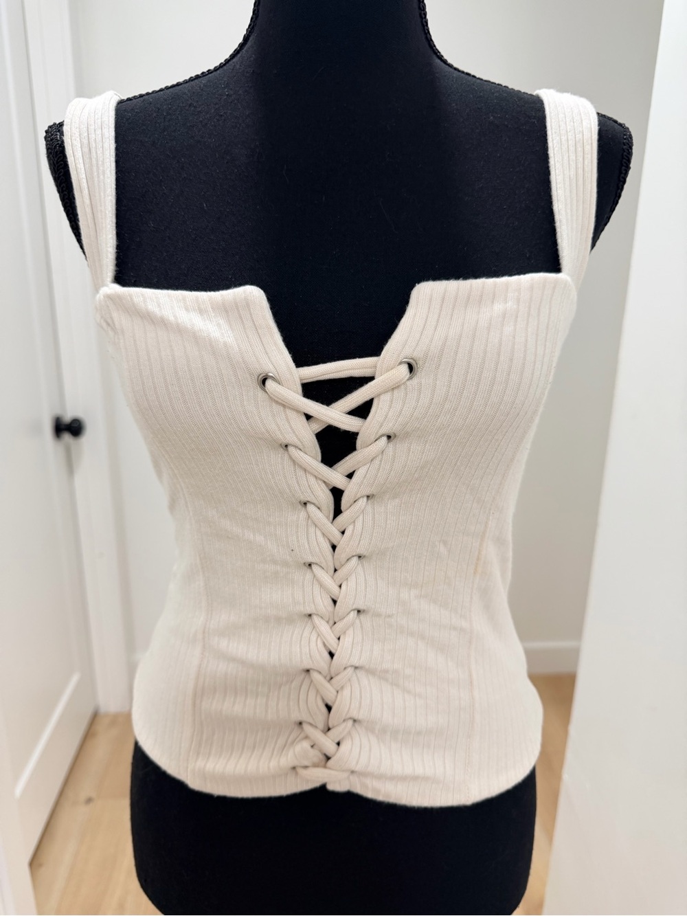 Reformation Cream Ribbed Lace-Up Tank